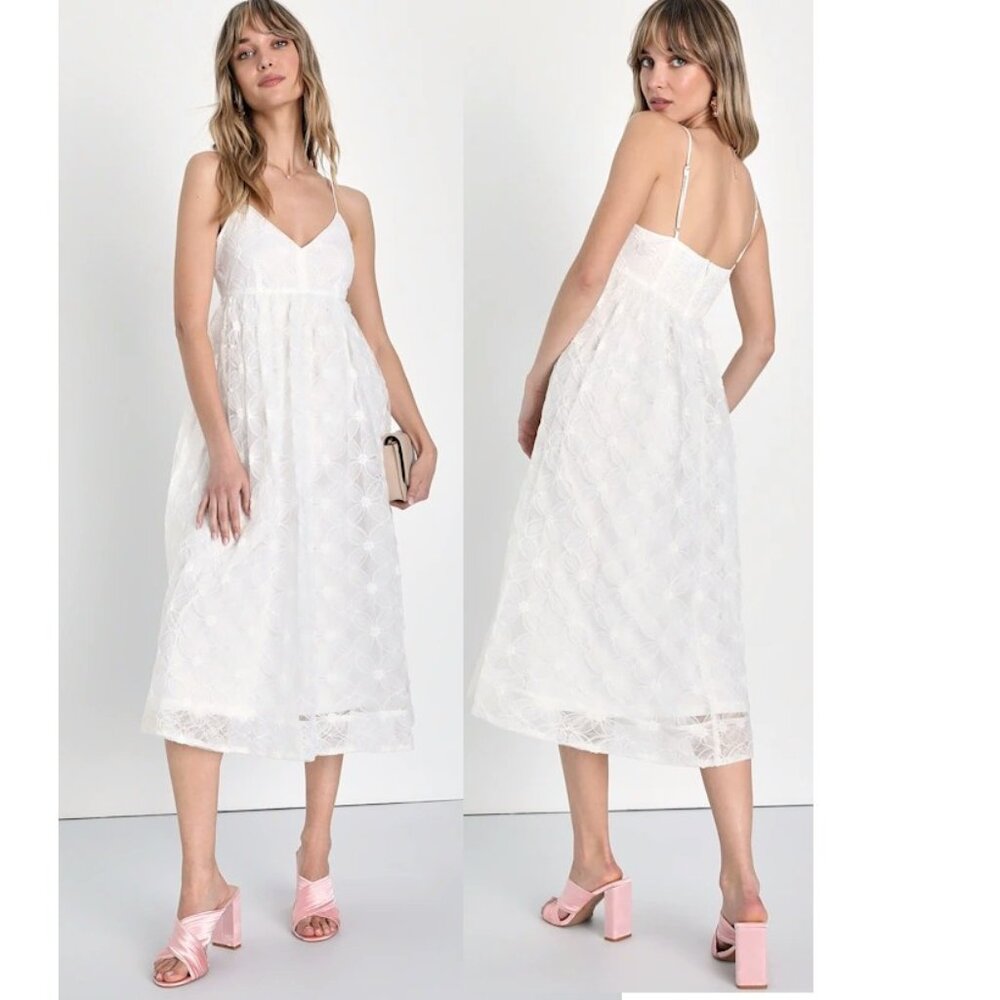 Lulus Radiate Elegance White Floral Tulle Midi Dress XL New with Tags NWT - Picture 1 of 5
